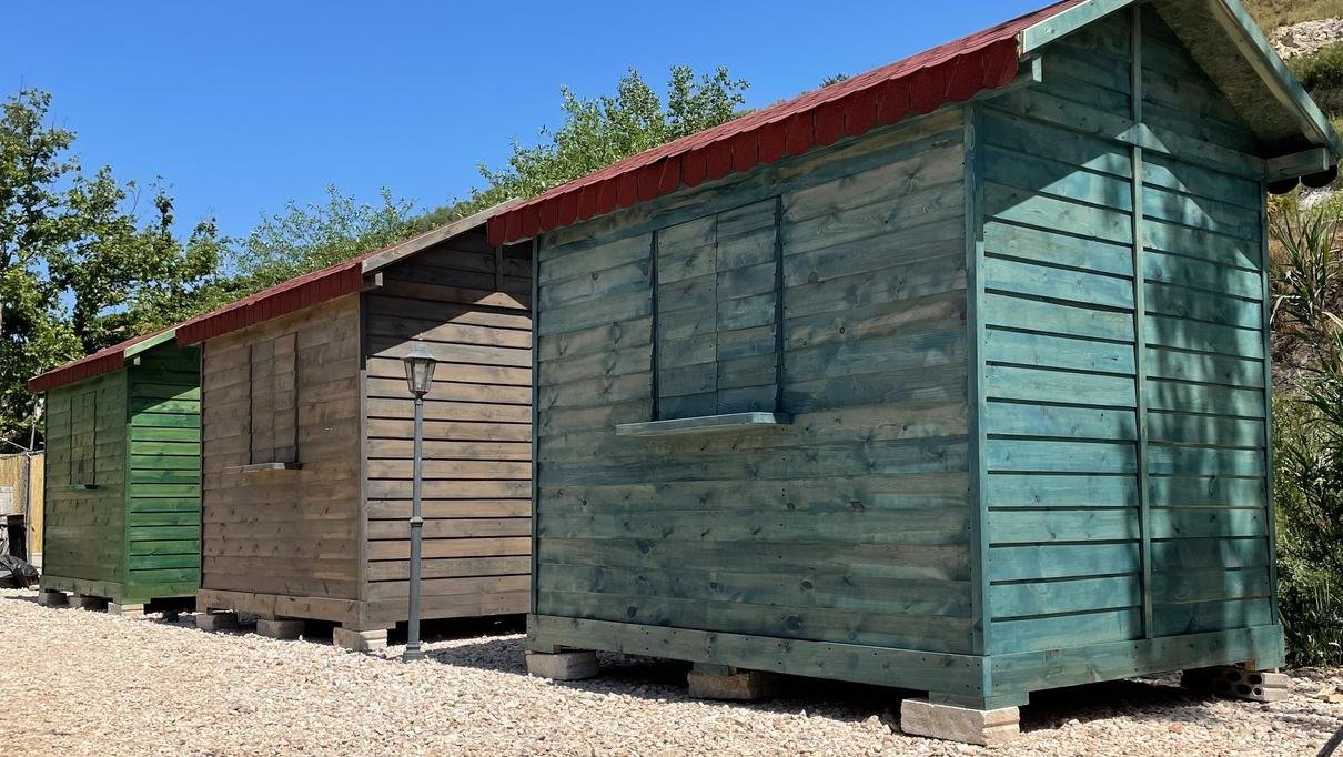 Vertical slat bungalow facade with garden backdrop