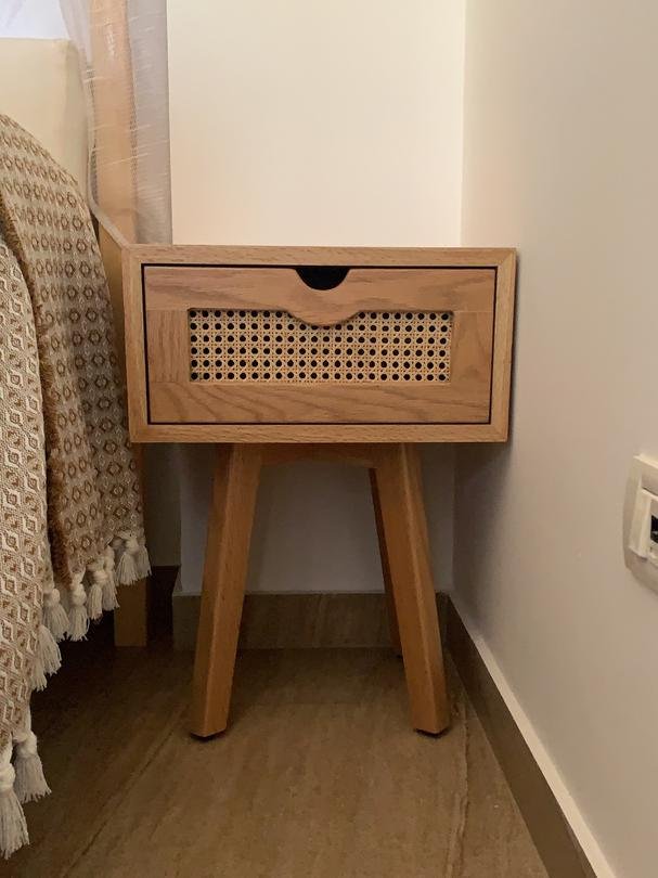 Natural oak nightstand with rattan drawer front