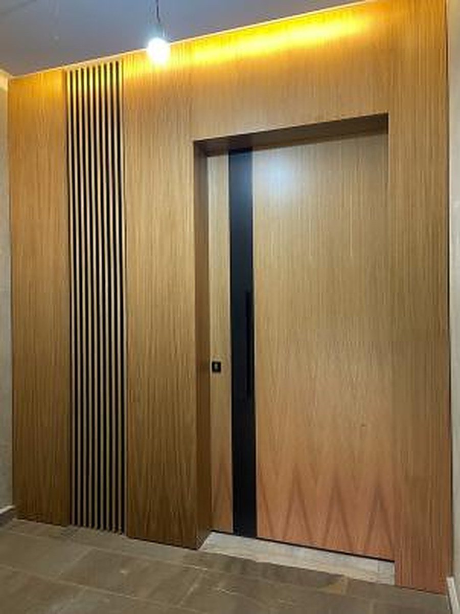 Contemporary grey entrance door with diagonal lines