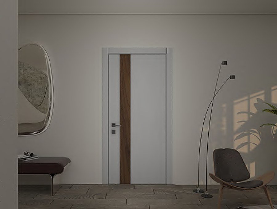 Modern walnut interior door with horizontal lines