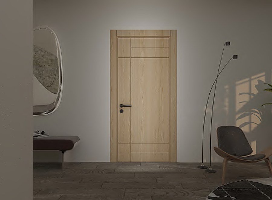 Warm walnut door with top horizontal band