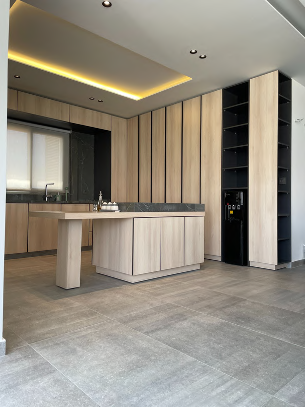 Light wood kitchen from preparation side