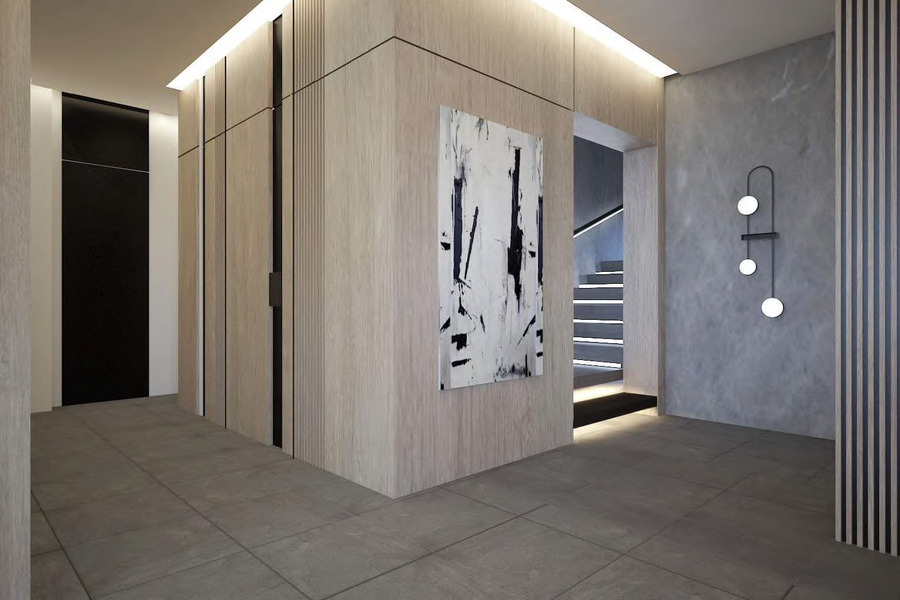 Luxury interior render with door and wood cladding