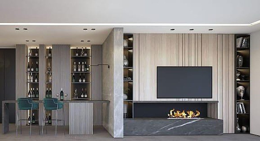 Interior render: bar area with TV and fireplace