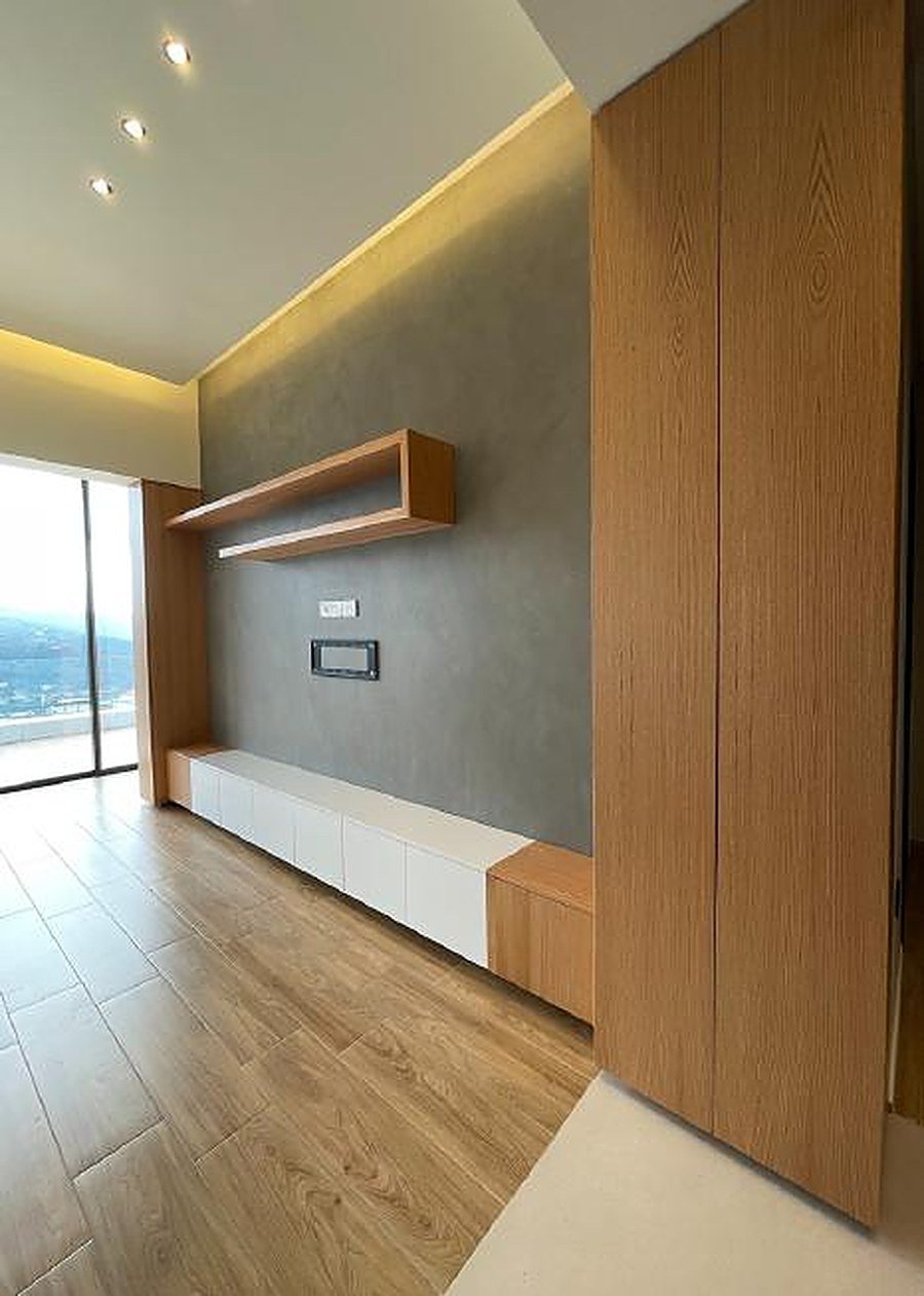 Marble and wood TV feature wall