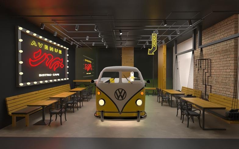 Restaurant render: bistro café with VW bus décor